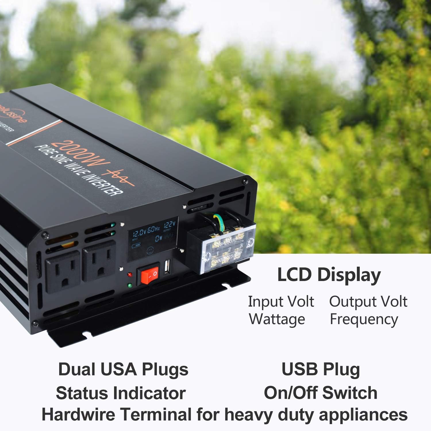 aeliussine Power Inverter 2000 Watt Pure Sine Wave Inverter 24v DC to AC 120v Peak 4000 Watt Converter with LCD Display USB Charge Port for Car RV Boat Solar Power System.