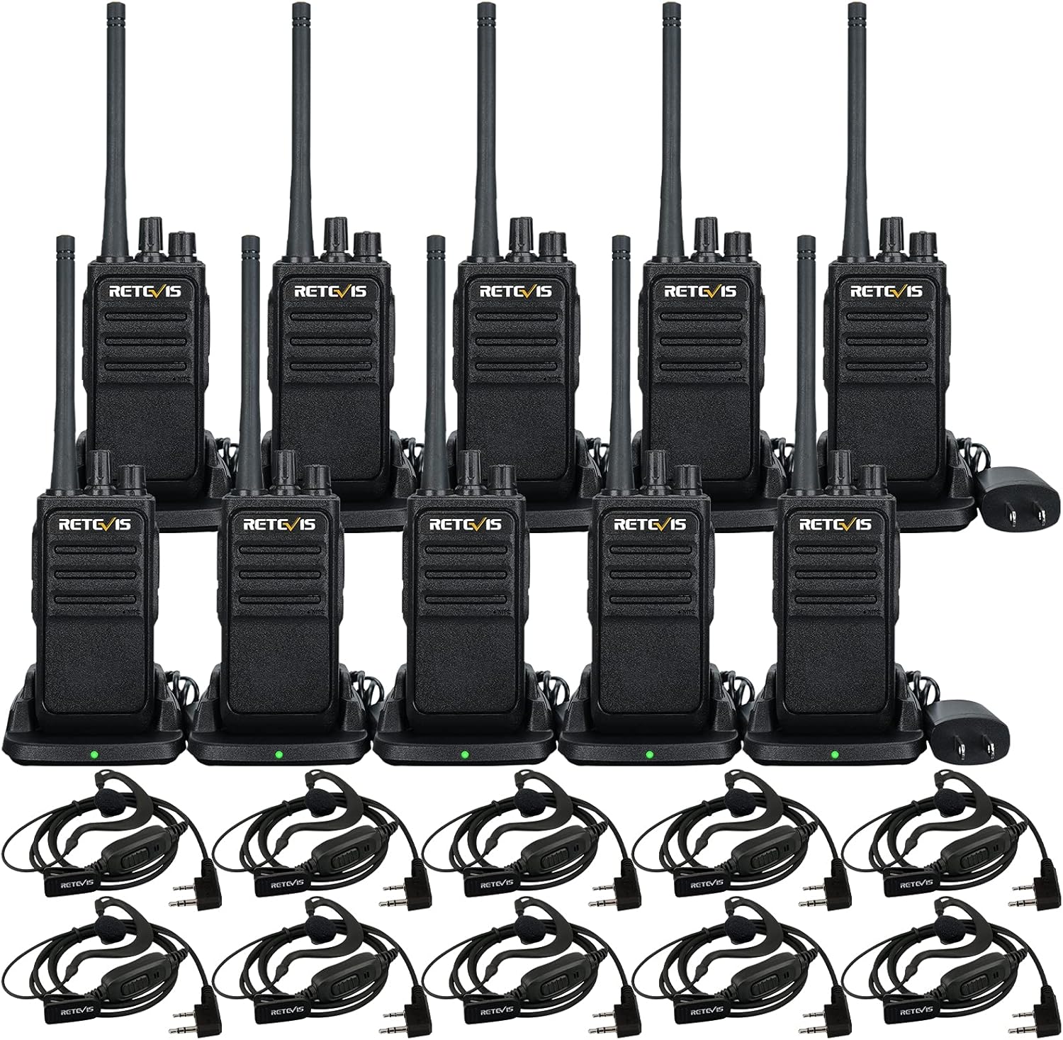 Retevis RT17 Walkie-Talkies for Adults Long Range,Portable 2 Way Radio with Earpiece and Mic,Rechargeable Two Way Radios with USB Charging Base, for Industrial Jobsite Restaurant Commercial(10 Pack)