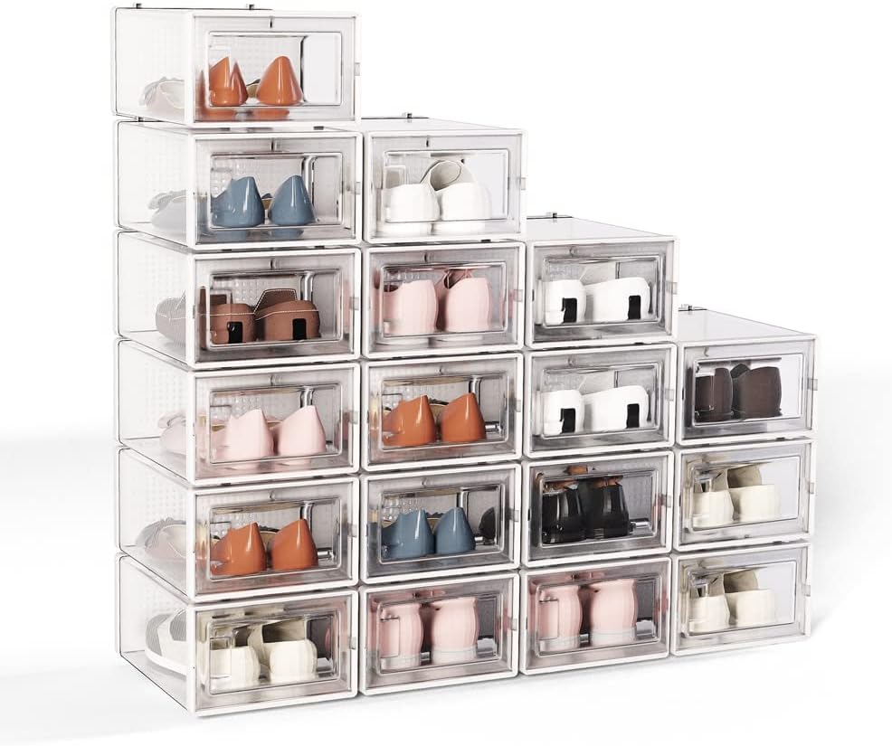 Crestlive Products 18 Pack Shoe Storage Box, Plastic Foldable Shoe Box, Stackable Clear Shoe Organizer (Medium/White)