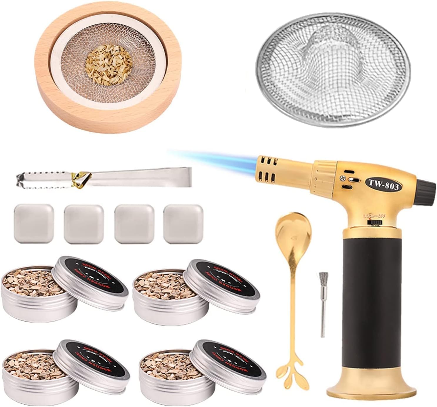 HISUENG Cocktail Smoker Kit with Torch, Bar Tools Set with Wood Chips for Whiskey and Bourbon Smoker and 4 Ice Cubes Whiskey Stones, Cocktail Barware Smoker Gifts for Men (No Butane) Pack of 2