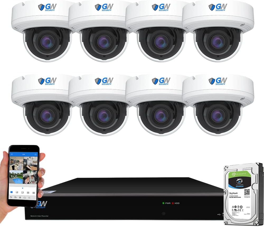 GW 4K (3840x2160 @30fps Real-time) 16 Channel Security Camera System with 8 8MP AI Facial Recognition /Human /Vehicle Detection 5X Optical Motorized Zoom PoE IP Dome Cameras