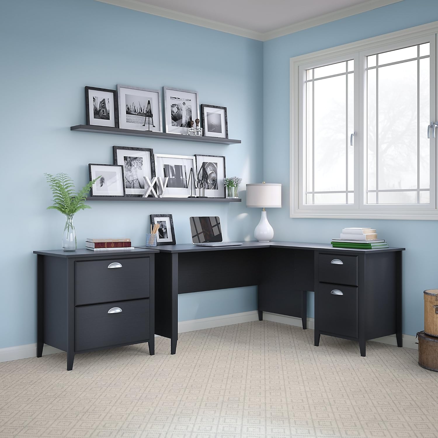 Bush Furniture Kathy Ireland Home Connecticut L Desk and Lateral File, 60W, Black Suede Oak