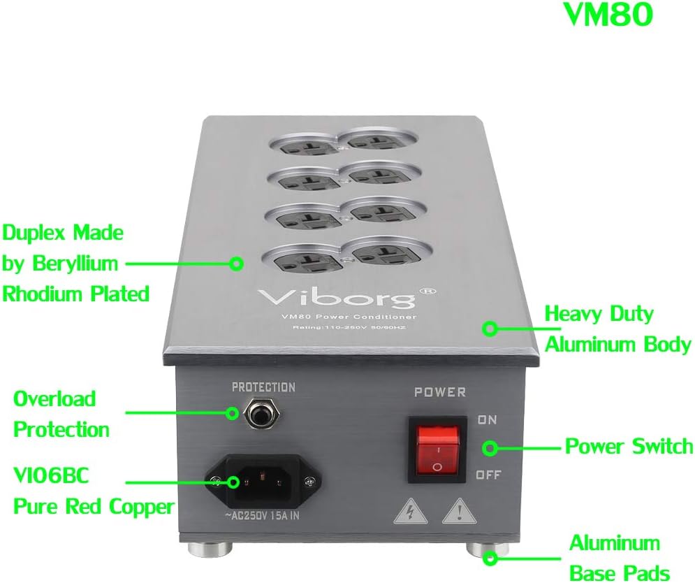 Viborg VM80 AC Power Filter, Amp HiFi Power Surge Protector, US Power Conditioner, 8 Ways Power Socket, Audiophile 8 Outlet Power Strip with Flat Plug, 3 Prongs, Grounded, 5FT Power Cord