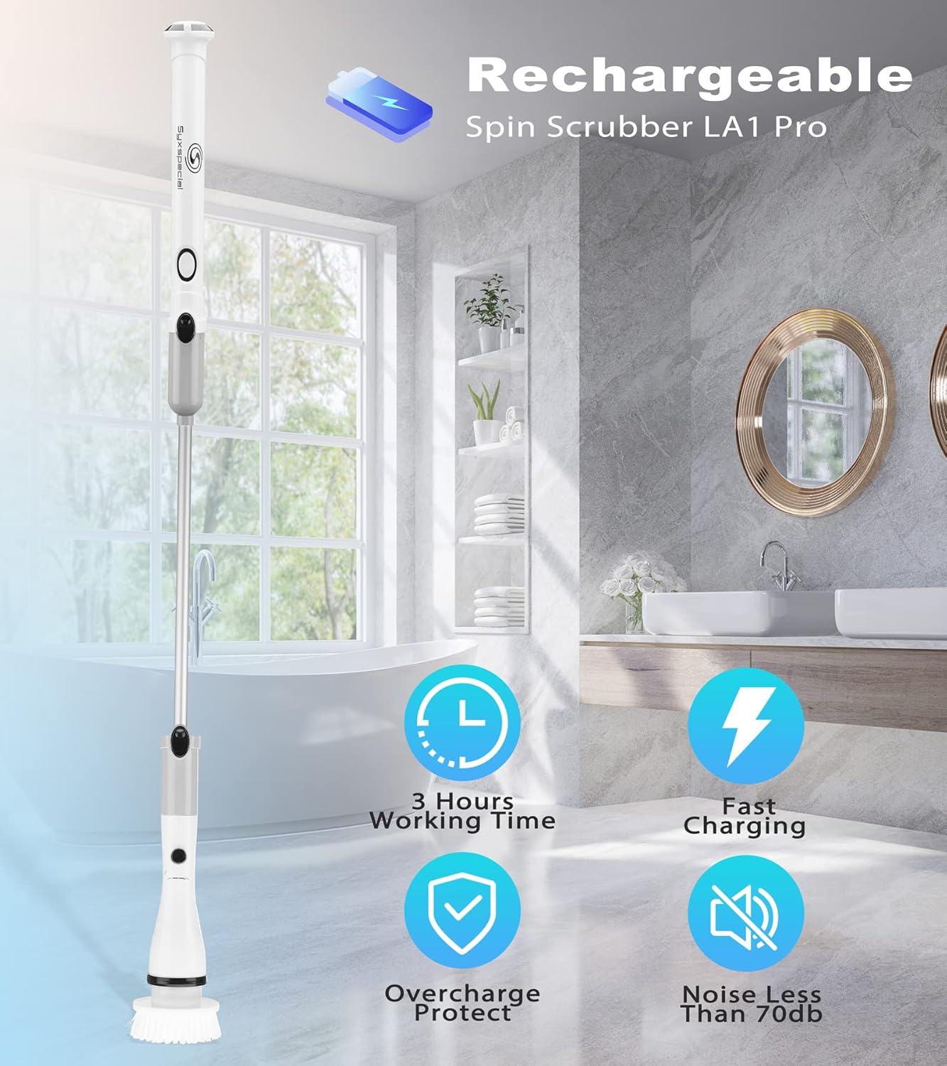 Syxspecial Electric Spin Scrubber for Cleaning, Cordless Shower Spin Scrubber with 4 Replaceable Brush Heads and Adjustable Extension Handle, Electric Scrubber for Bathroom Floor Tile Tub