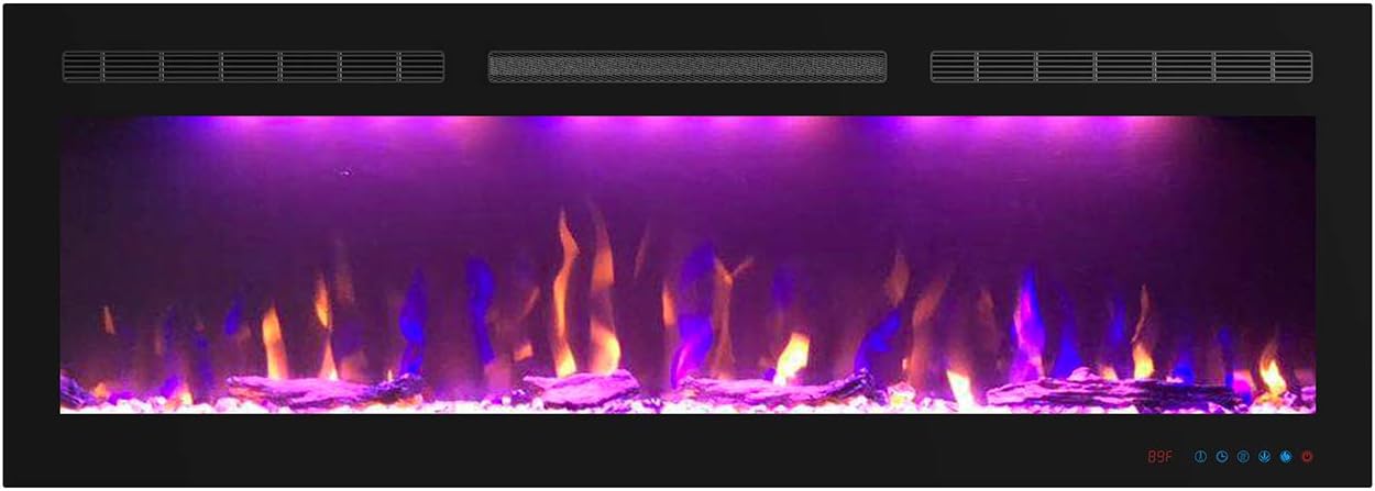 Mystflame 50 inch Electric Fireplace - Ultra Slim Frame - in Wall Recessed & Wall Mounted - Multicolor Flame - Log & Crystal Hearth - 1500/750 Watt Heater - Remote Control & Touch Screen - Timer