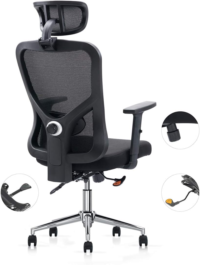 Cedric Office Chair, Breathable Mesh Computer Chair with Ergonomic Adjustable Lumbar Support, Black Swivel Desk Chair with Adjustable Armrest and Headrest Soft Cushion Seat BIFMA Certification No 5.1
