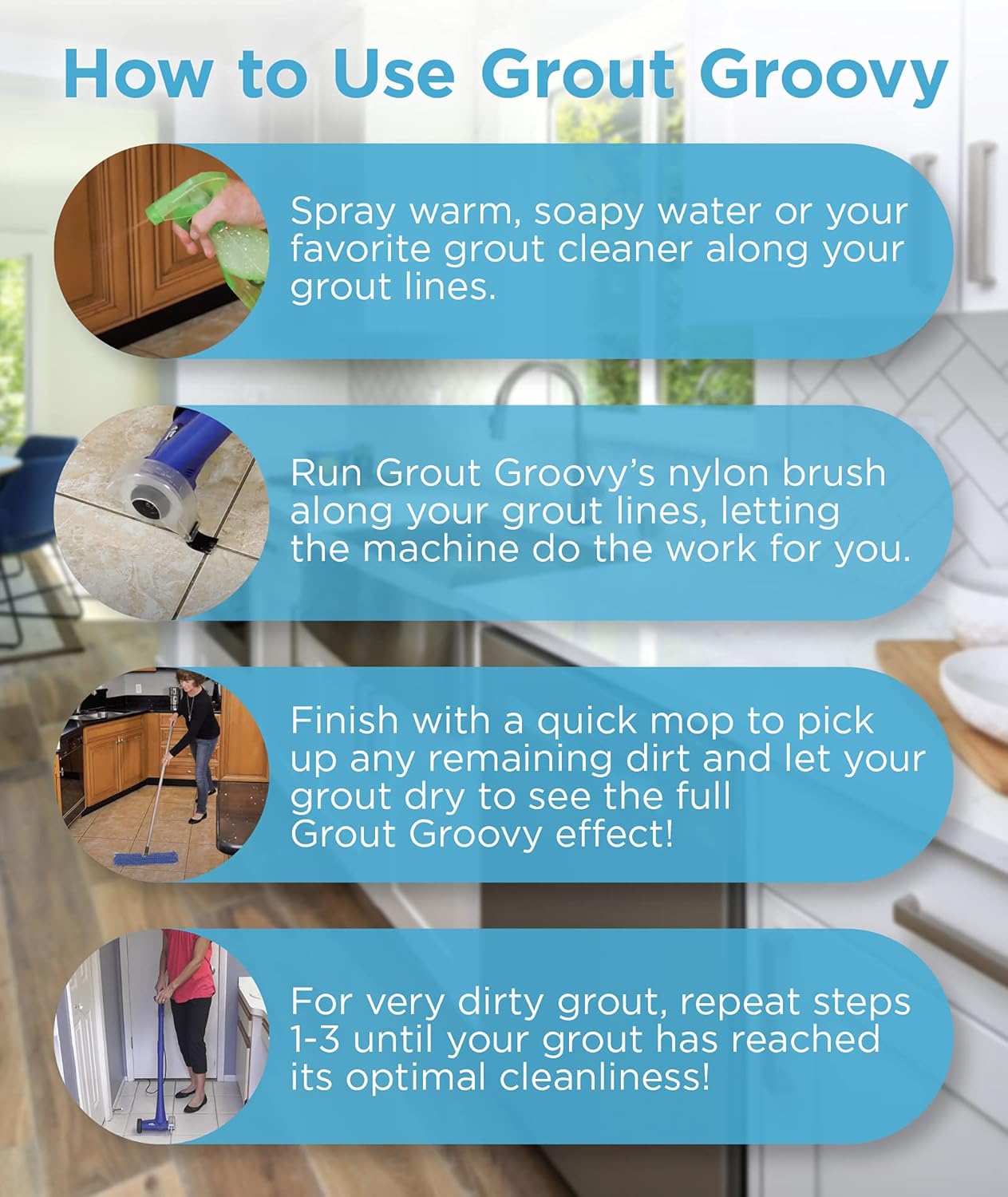 Grout Groovy Electric Stand Up Tile Grout Cleaner, Lightweight Machine Safely Cleans Grout Between Floor Tiles, Includes Brush Wheel, 20&rsquo; Cord, 120 V