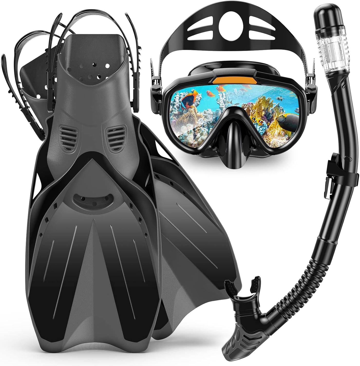 Ubekezele Mask Fins Snorkel Set for Adults ,Panoramic View Anti-Fog Anti-Leak Dry Top Snorkeling Gear with Gear Bag for Swimming, Snorkeling, Free Diving and Other Water Activities