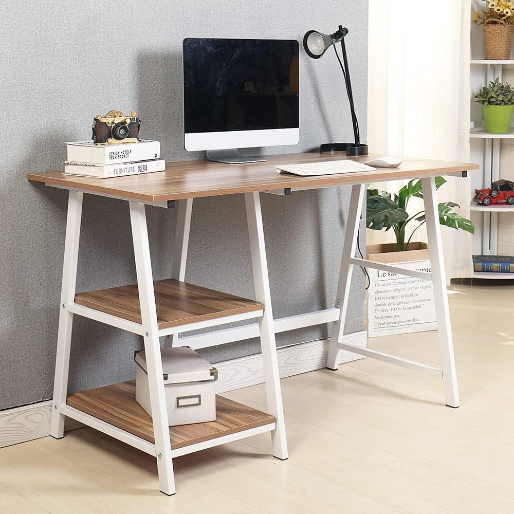 sogesfurniture 55 inches Writing Computer Desk, Trestle Desk Study Desk, Laptop PC Desk, Workstation with Storage Shelf, Home Office Desk Sturdy Table Study Table,Black BHUS-CS-Tplus-140BK-N1 Pack of 2