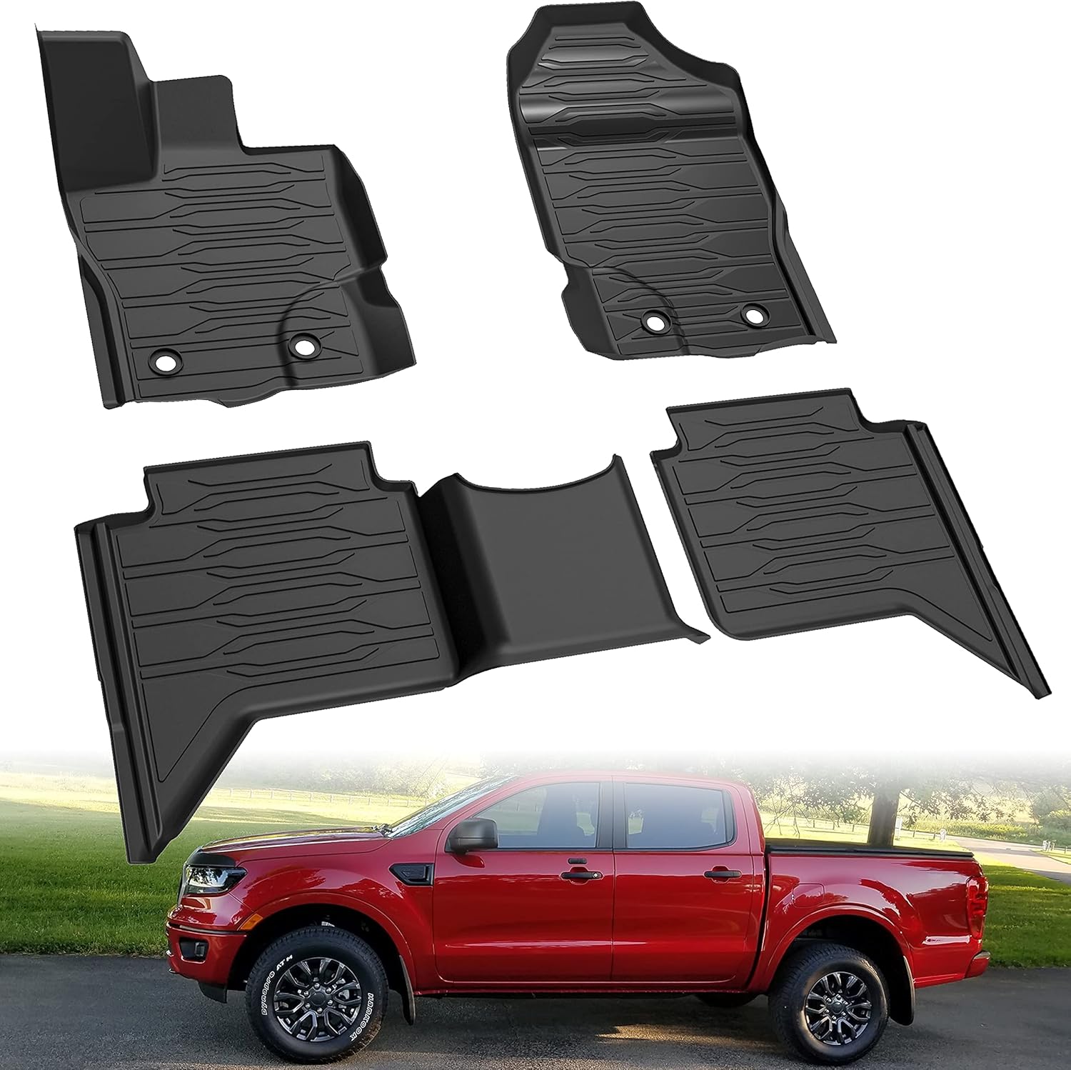 TPE Floor Mats for Ranger SuperCrew 19-21, KEWISAUTO Black Front Rear 2 Row Floor Liner All Weather Protection Slush Mat Liner Set for Ford Ranger SuperCrew Cab 2019-2021 Accessories