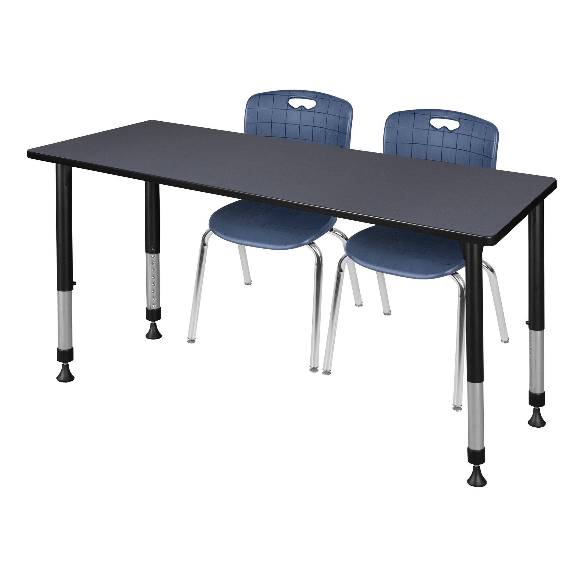 Regency Kee 60x22 x 30x22 Height Adjustable Classroom Table - Grey u0026 2 Andy 18-in Stack Chairs- Navy Blue