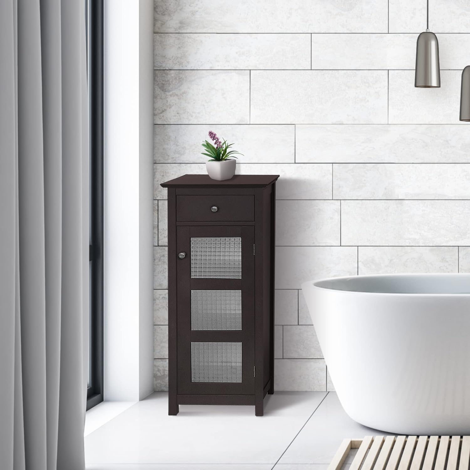 Elegant Home Fashions Chesterfield Collection Floor Cabinet with One Door and One Drawer, Espresso Pack of 2