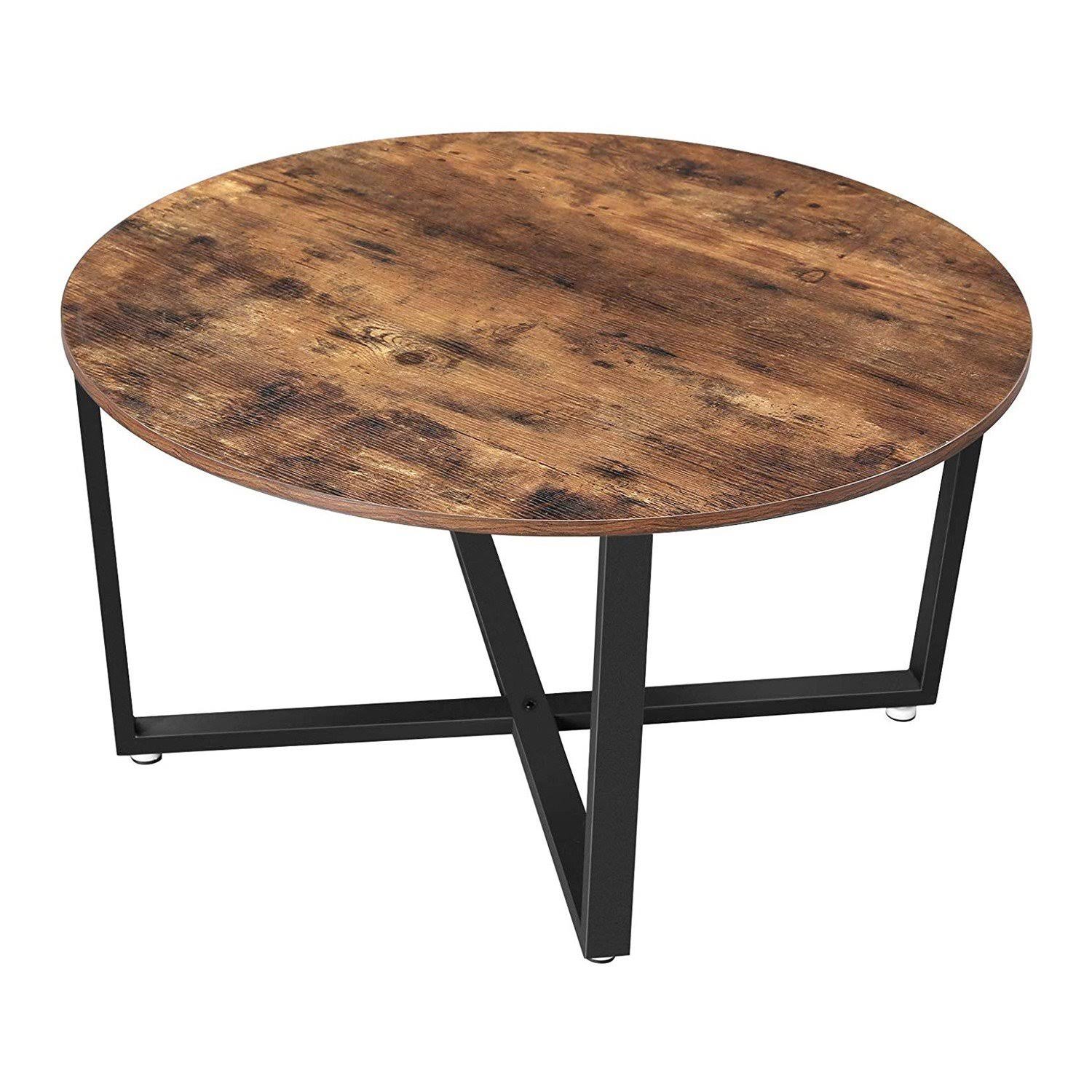 Round Wood Top Metal Frame Coffee Table with Tubular Legs, Brown and Black