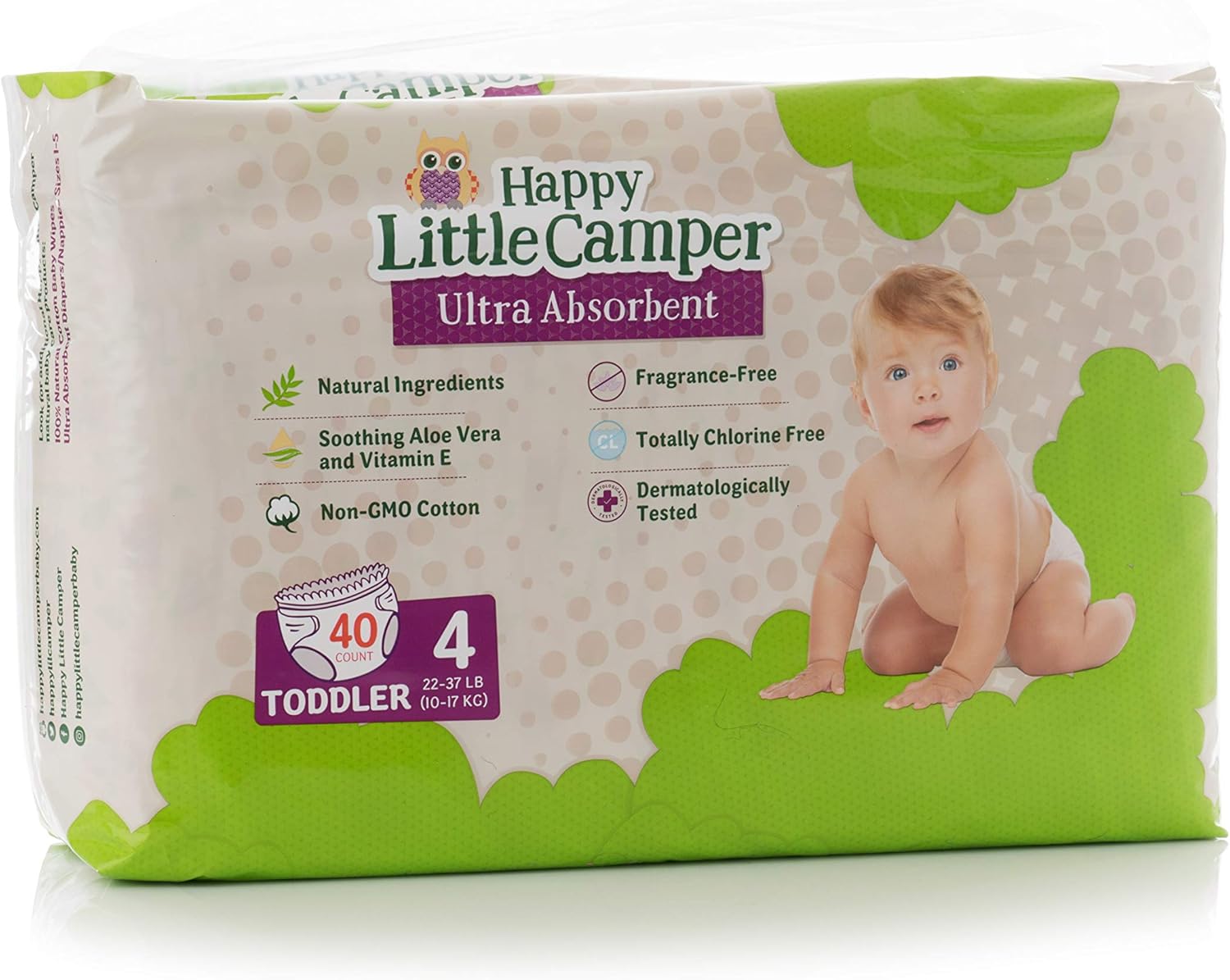 Happy Little Camper Natural Disposable Cotton Baby Diapers with Aloe, Ultra-Absorbent, Hypoallergenic and Fragrance Free for Sensitive Skin with Wipes, Size 4 (22-37 lbs), White, 160 Count Pack of 2