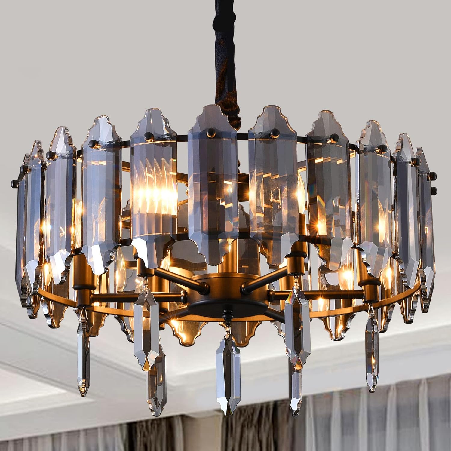 Oriland Modern 8-Light Round Crystal Chandelier, 3-Tier Smoky Gray Crystal and Clear K9 Crystal Chandelier Lighting for Dining Room Living Room Bedroom (Black Finished)