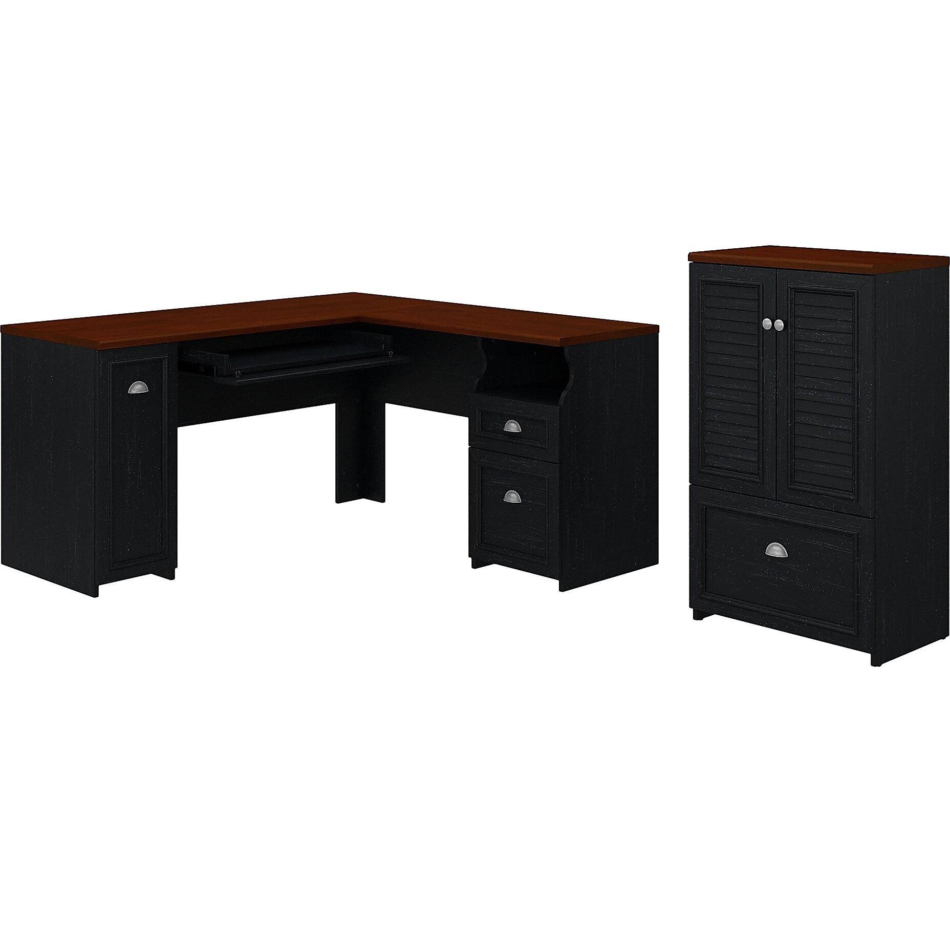 Bush Furniture Fairview 60x22W L-Shaped Desk and Storage Cabinet with Drawer, Antique Black, Standard Delivery