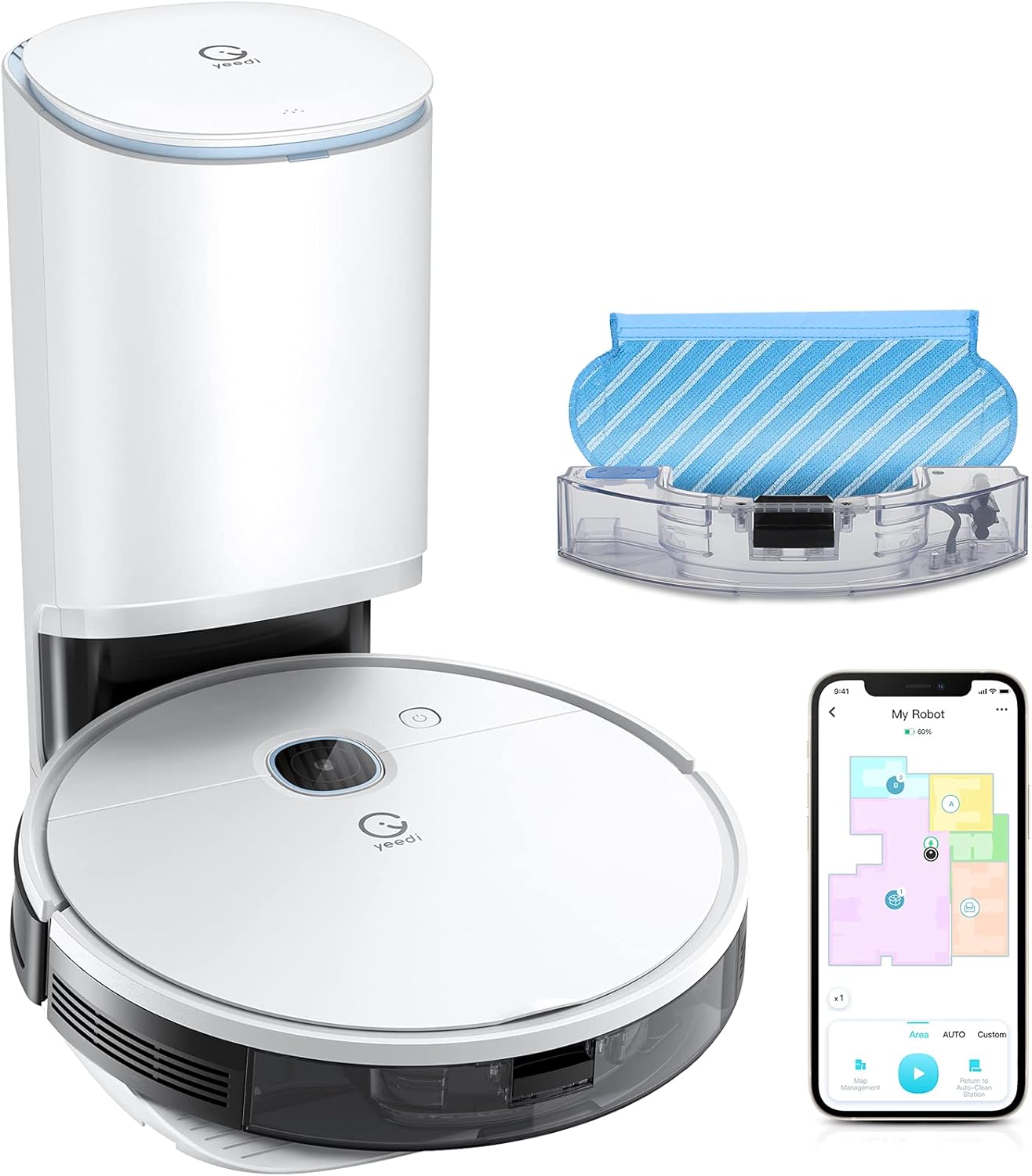 yeedi Vac Station Robot Vacuum and Mop, Self-Emptying 3 in 1, 30 Days Auto Empty, 3000Pa Suction, Carpet Detect, Smart Mapping, Editable Map, Clean Schedule, Virtual Boundary, 200mins Runtime