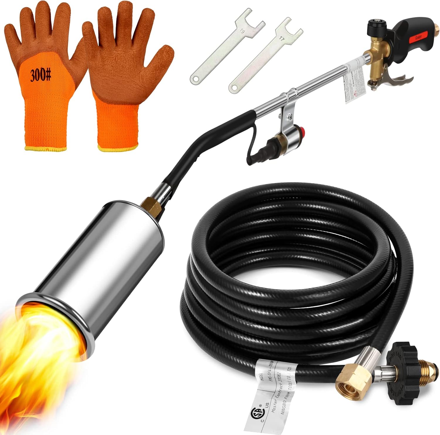Propane Torch Weed Burner Kit ,Blow Torch,Weed Torch With Push Button Igniter and 9.8 ft Hose ,High Output 500,000 BTU-for burning weeds, melting ice and snow,heating asphalt（Gold） Pack of 2