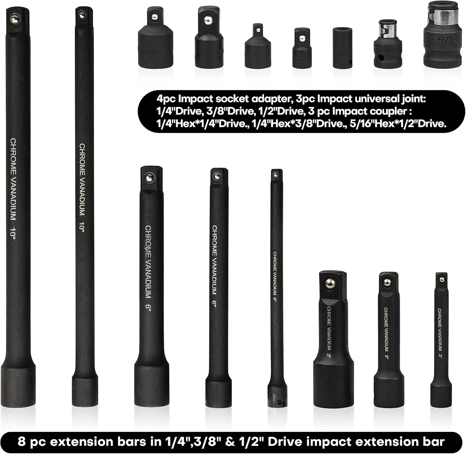 SEKETMAN 18-Piece Drive Tool Accessory Set,Includes Socket Adapters, Extensions and Universal Joints and Impact Coupler, Professional Socket Accessories