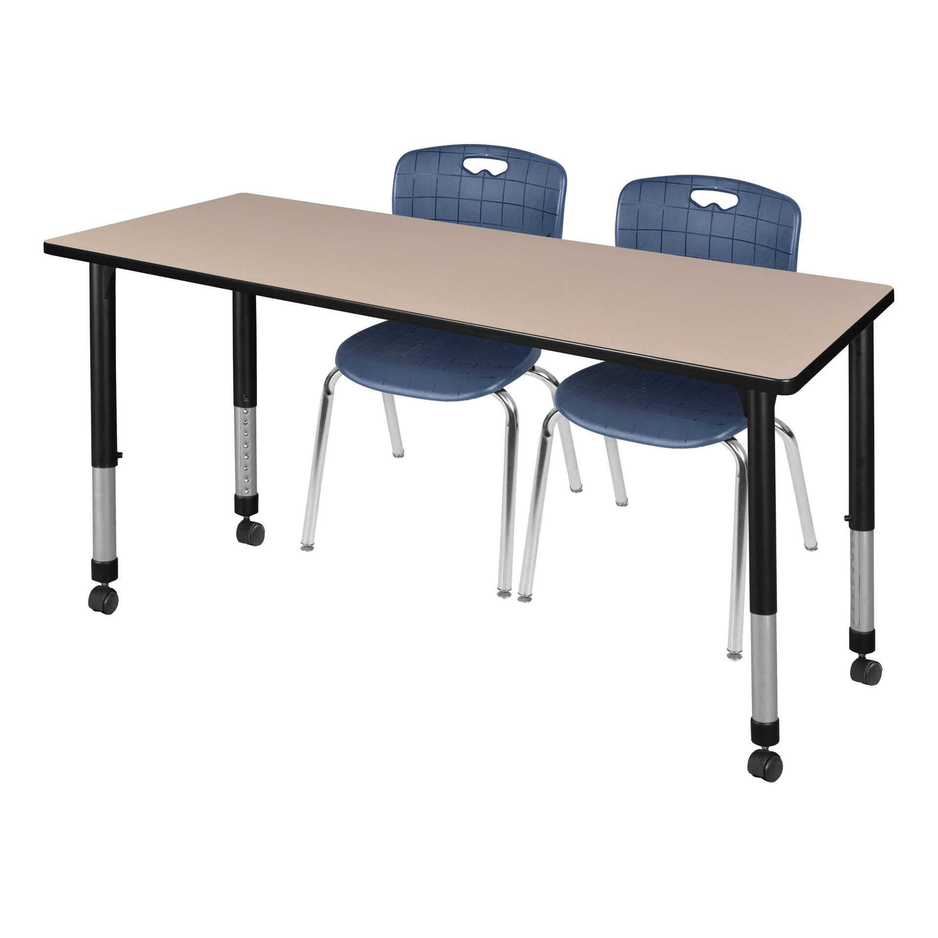 Regency Kee 60x22 x 24x22 Height Adjustable Mobile Classroom Table - Beige u0026 2 Andy 18-in Stack Chairs- Navy Blue