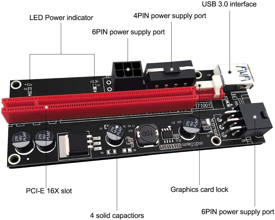 PCIE Riser 1X to 16X Graphics Extension for GPU Mining Powered Riser Adapter Card, 60cm USB 3.0 Cable, 4 Solid Capacitors, Two 6PIN and Molex 3 Power Options (VER, 009S, 6-Pack) Pack of 2