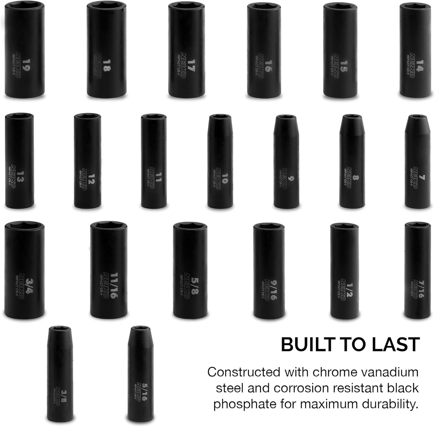 NEIKO 02431A 3/8&rdquo; Drive SAE and Metric Deep Impact Socket Set | 21 Pieces | SAE 5/16&rdquo; to 3/4&rdquo; | Metric 7mm to 19mm | Premium Cr-V Steel | 6-Point Hex Design | Corrosion Resistant Coating