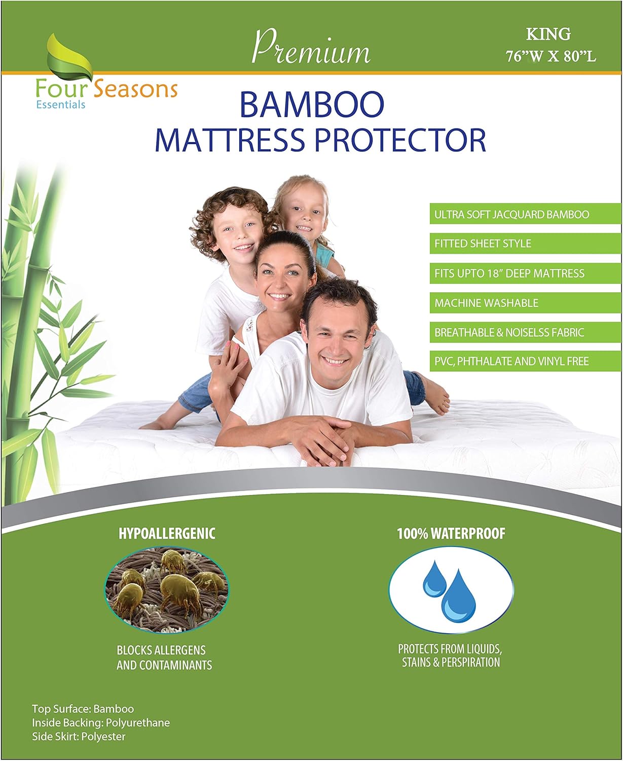 King Size Bamboo Mattress Protector - Waterproof Fitted Sheet Mattress Cover Hypoallergenic Premium Quality Soft Pad Protects from Dust Allergies Pack of 2