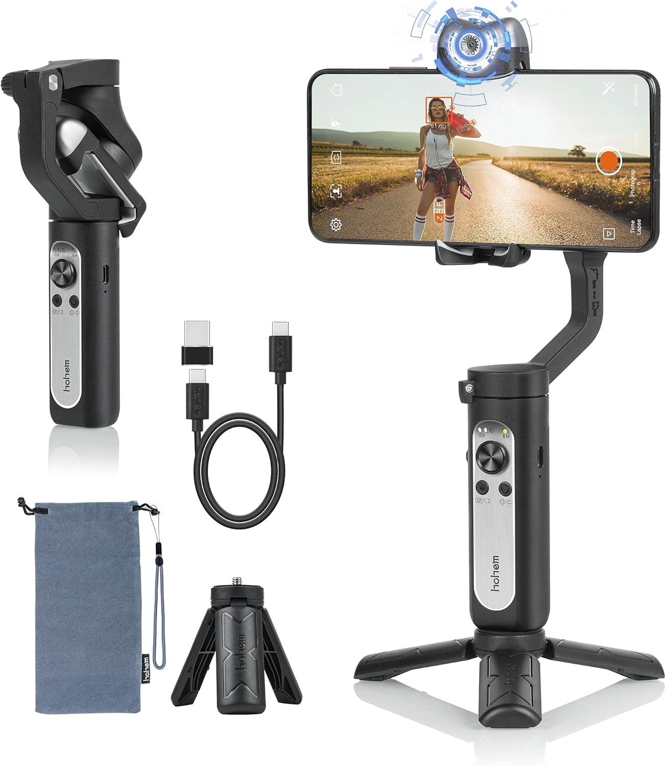Hohem iSteady V2 - 3-Axis Gimbal Stabilizer for Smartphone Handheld Phone Gimbal Stabilizer Three-Speed Fill Light Face Tracking Gesture Control Type C Reverse Charging Vlog YouTube Live Video Record