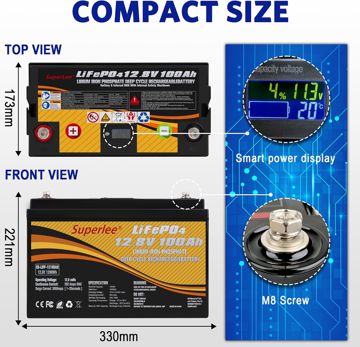 12.8V 100AH LiFePO4 Battery with LCD Display, 5000+ Cycle Lithium Iron Phosphate RV Battery with BMS, Multi-Purposes Lithium Battery, Great Solutions for Home Energy Storage Off-Grid and Backup Power