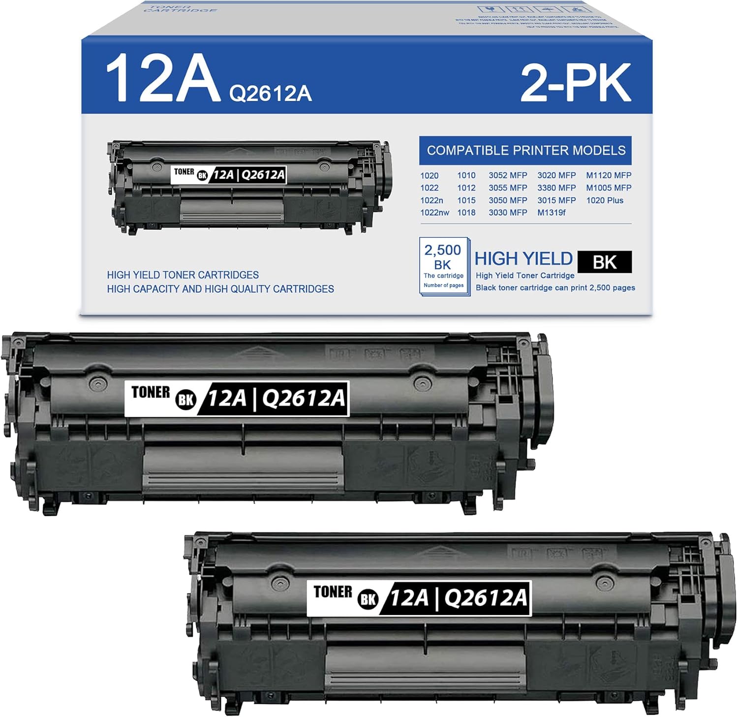 2 Pack 12A Q2612A Black Compatible Q2612A Toner Replacement for HP 1022 1022n 1022nw 1010 1012 1015 1018 3052 3055 3030 3020 3380 3015 M1319f M1005 MFP 1020 Plus Printer Ink Cartridge.