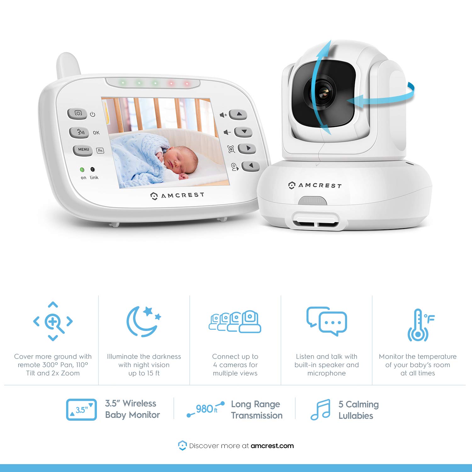 Amcrest AC-2 Video Baby Monitor with Camera and Audio, 3&rdquo; LCD Display, Two-Way Audio, Temperature and Voice/Audio Alarm, VOX Mode, Pan/Tilt/Zoom Security Camera, Night Vision, 980ft Transmission Range