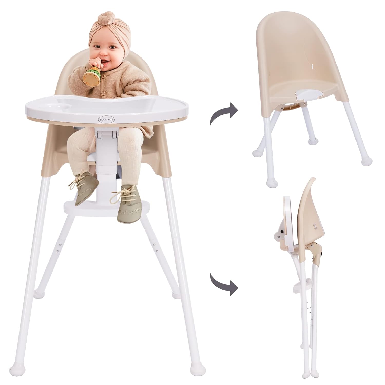 HAN-MM High Chair Folding,One Click fold,Save Space, Detachable Double Tray, Infant Chair, Car Traveling, 3 in 1 Convertible, 3-Point Harness, Adjustable Footrest, Non-Slip Feet, Adjustable Legs