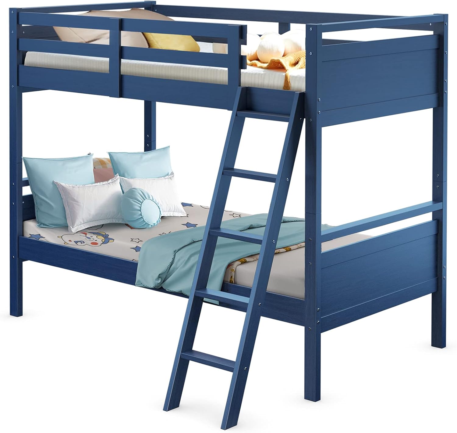 Costzon Twin-Over-Twin Wood Bunk Bed, 2-in-1 Convertible Space-Saving Bunk Bed for Bedroom Dorm Guest Room, Heavy Duty Bed Frame w/Inclined Ladder & Safety Guardrails for Kids Teens Adults (Navy)