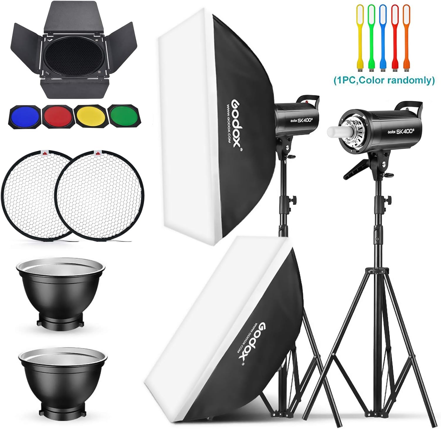 Godox 2 Pack SK400II 800Ws Photo Speedlite Studio Flash Strobe Monolight Bowens Mount Kit for Studio Shooting,Video Location and Portrait Photography with Softbox,Light Stand,Barn Door Kit,Reflector