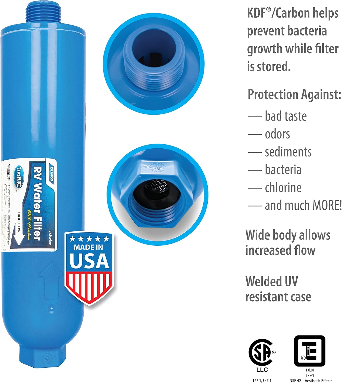 Camco 40042 TastePURE Inline RV Water Filter – Greatly Reduces Bad Taste, Odors, Chlorine and Sediment in Drinking Water – 4-Pack , blue Pack of 2
