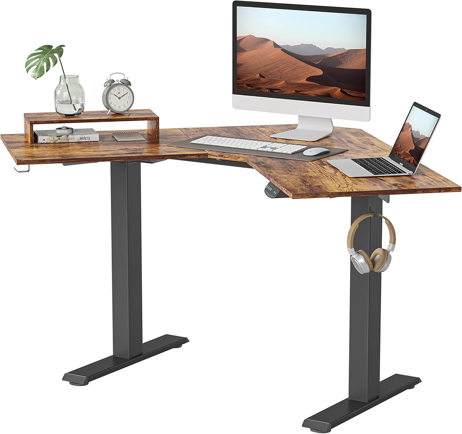 BANTI Dual Motor L-Shaped Electric Standing Desk, 48 Inches Height Adjustable Corner Standing Desk, Rustic Brown Top/Black Frame, Sit to Stand Home Office Table with Splice Board