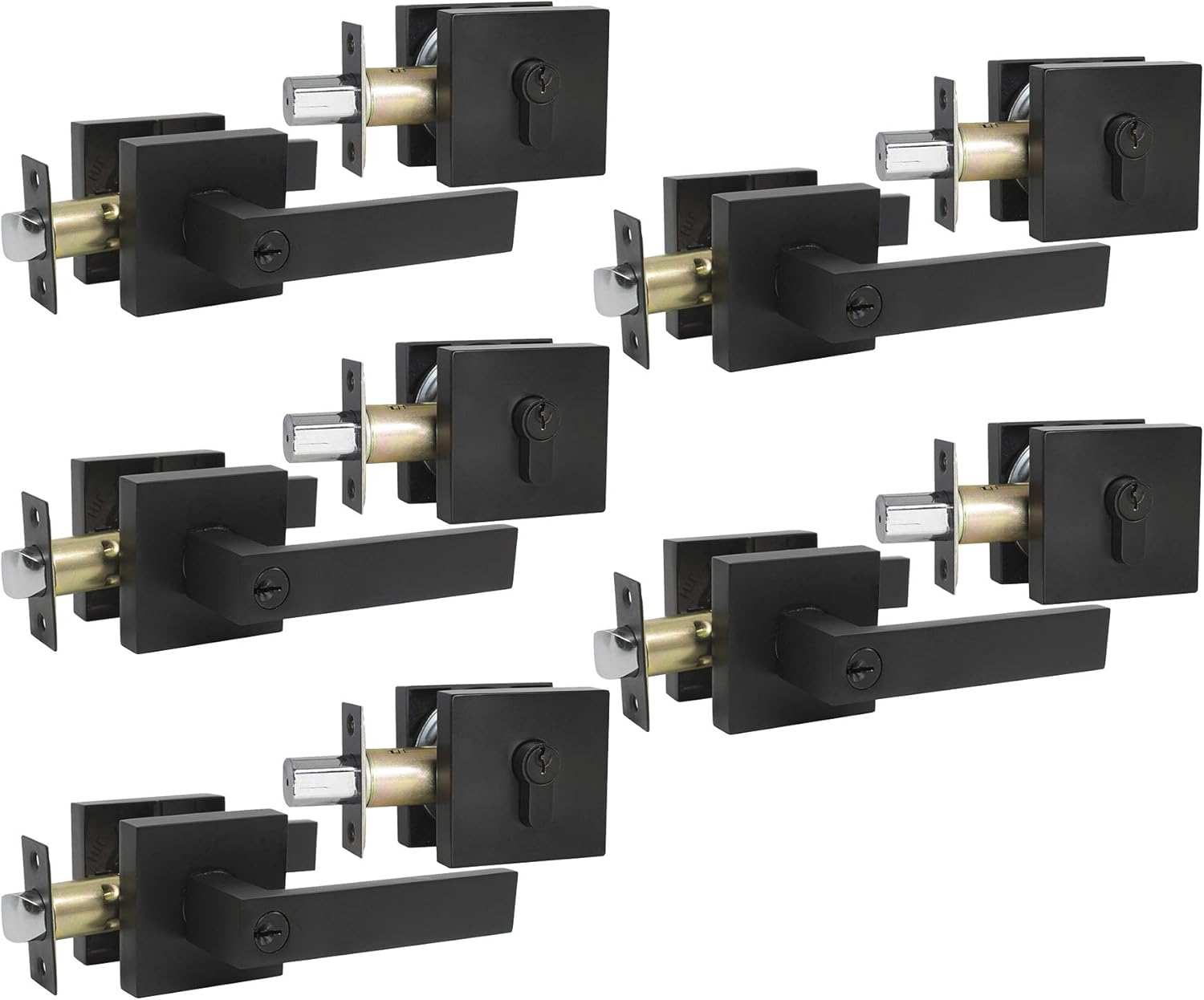 Probrico Square Entry Levers and Single Cylinder Deadbolts Combo Pack, Flat Black Keyed Alike Heavy Duty Keyed Entry Handles Locksets Reversible for Right and Left Side, 2 Pack(All Same Keys)