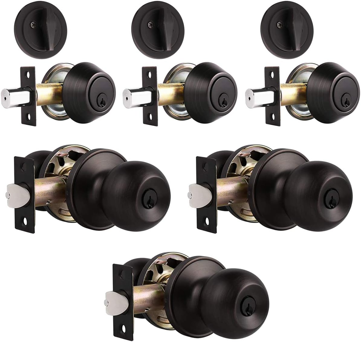 4 Pack Keyed Alike Entry Door Knob and Single Cylinder Deadbolt Lock Set Security for Entrance and Front Door, Exterior Door Lock Set with Deadbolt in Oil Rubbed Bronze Finish, Door Knob with Deadbolt