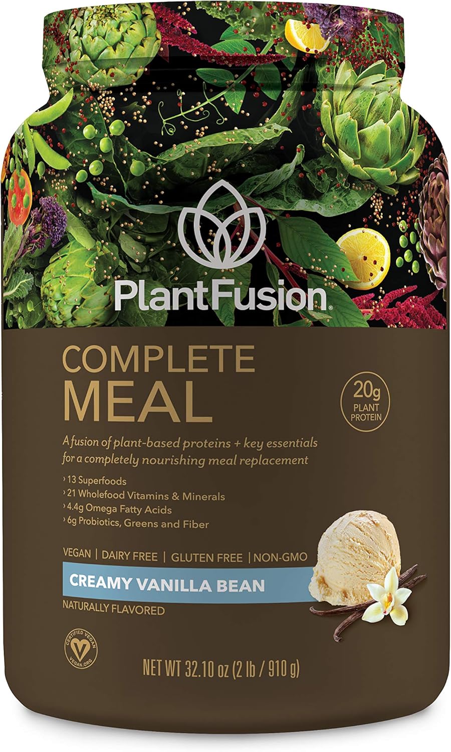 PlantFusion Complete Meal All Plant Based Pea Protein Powder | Meal Replacement Shake | Dietary Supplement | Nutritional Drink | Vegan, Gluten Free, Non-Dairy, No Sugar, Non-GMO Vanilla, 2 LB Pack of 2