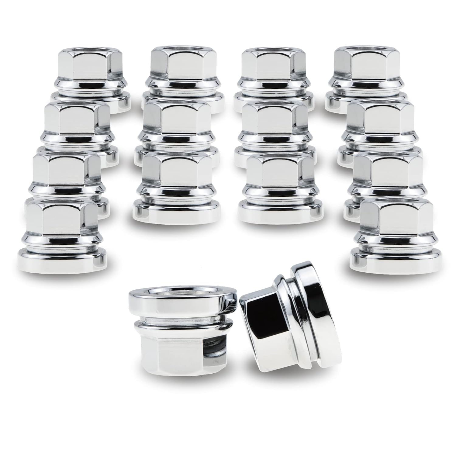 PSGSP Chrome M14x2.0 Wheel Lug Nuts Two-Piece Flanged Flat Face OEM Style 16pcs for 99