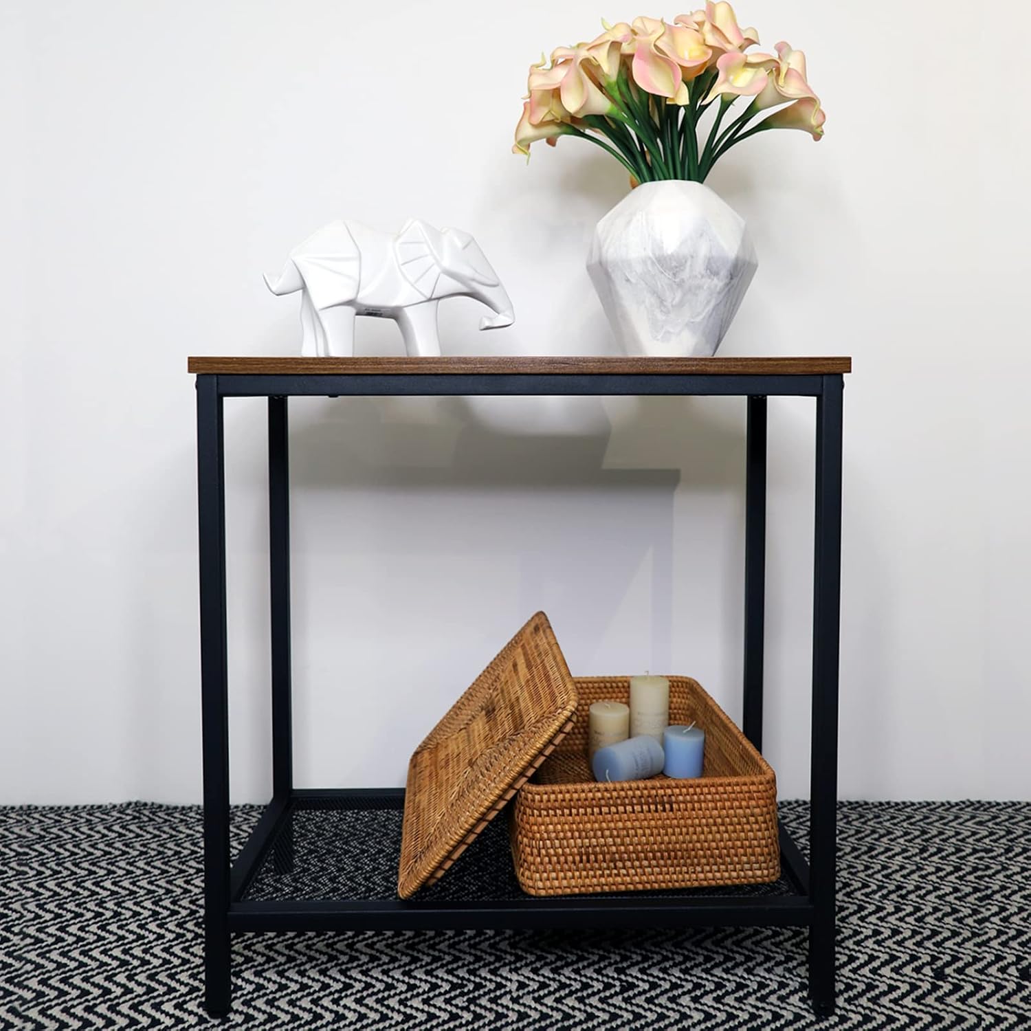 End Tables Living Room Set of 2, Night Stands for Bedrooms Set of 2 Rustic, 2-Tier Side Table with Mesh Shelf, Industrial Narrow Beside Tables for Small Spaces, Rustic Brown