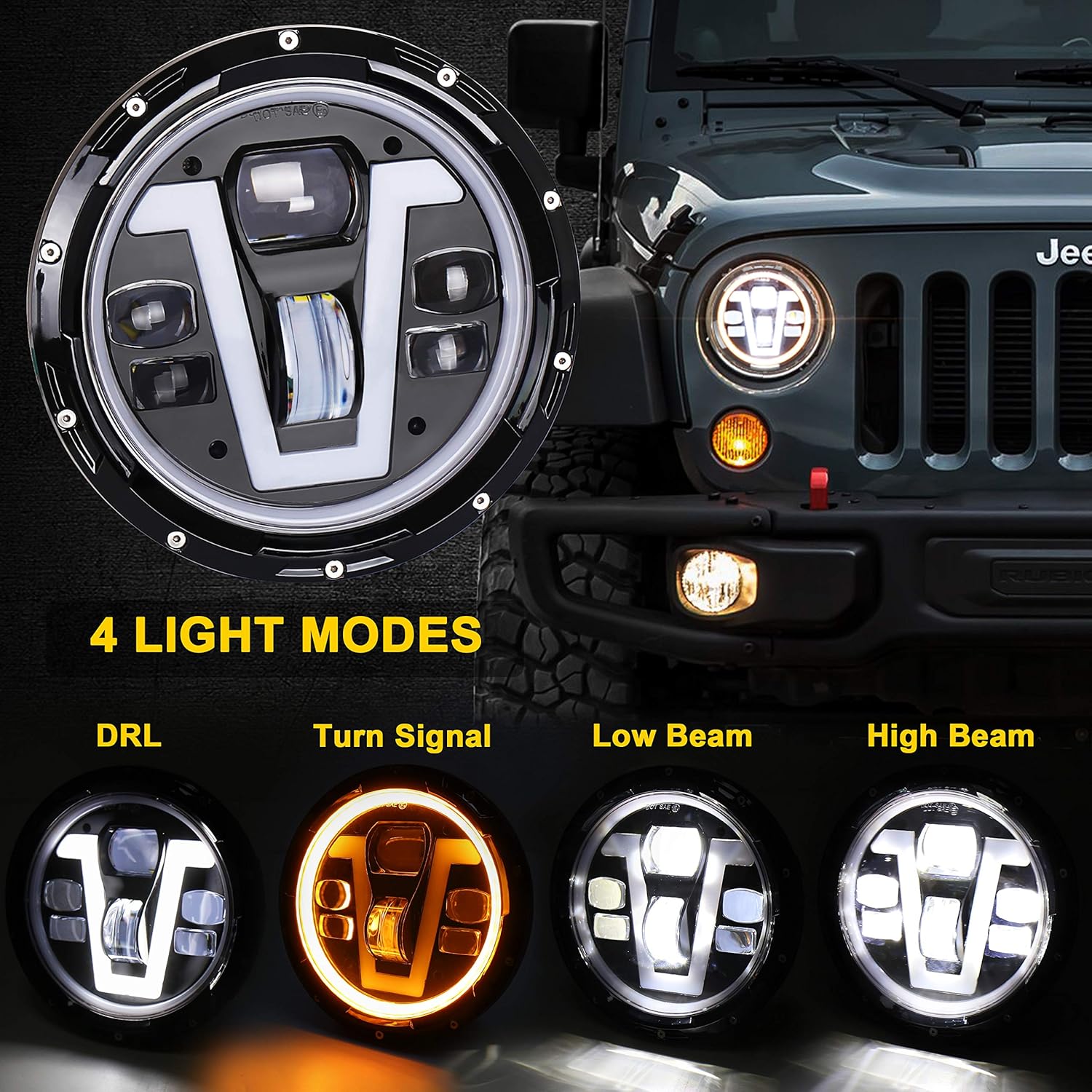 OVOTOR LED Headlights 7 inch with Halo Ring Amber Turn Signal Lights V Type White DRL Hi Lo Beam for Jeep Wrangler JK TJ LJ CJ Black