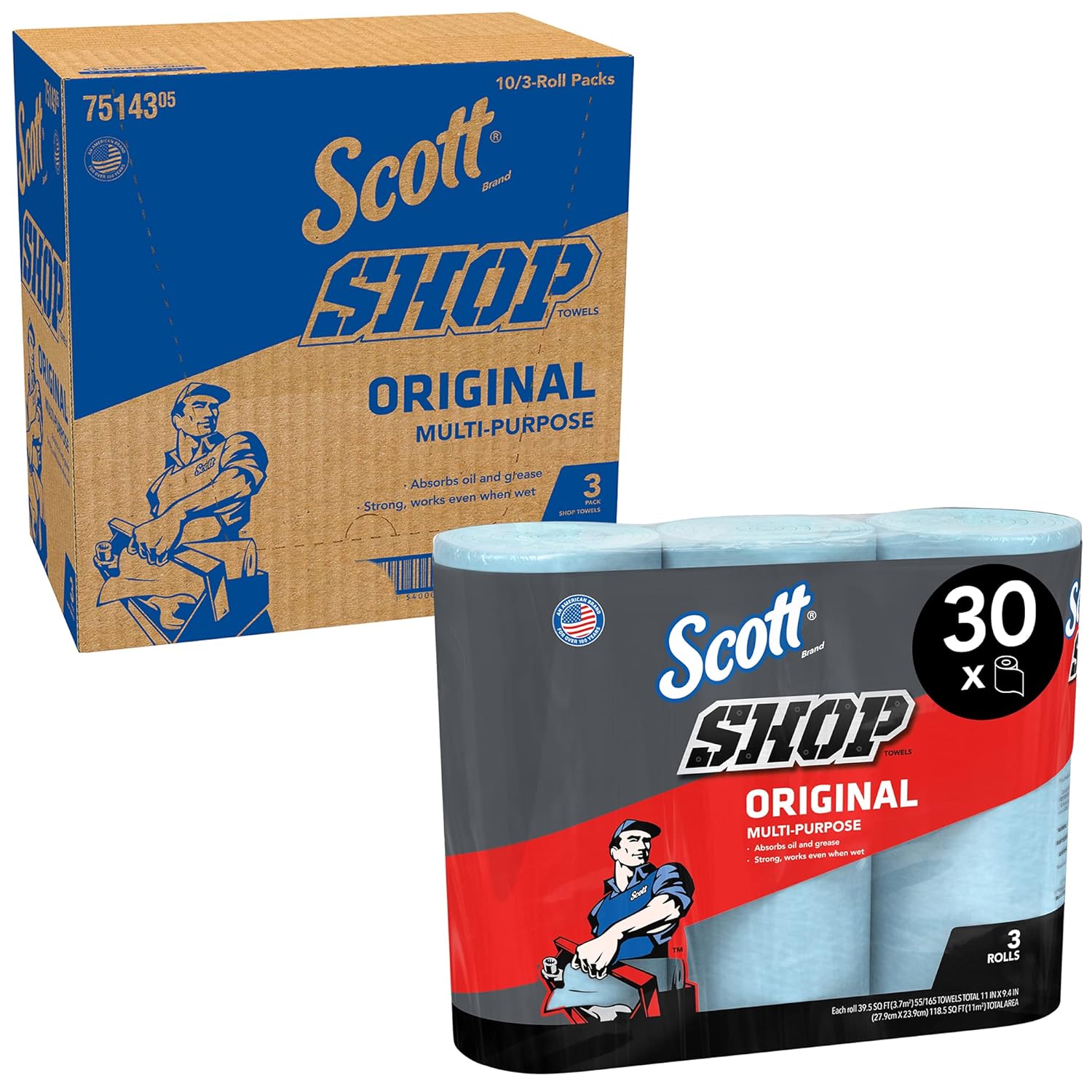 Scott Shop Towels Original (75143), Blue, 55 Sheets / Standard Roll, 30 Rolls / Case (10 Bundles of 3 Rolls), 1,650 Towels / Case Pack of 2