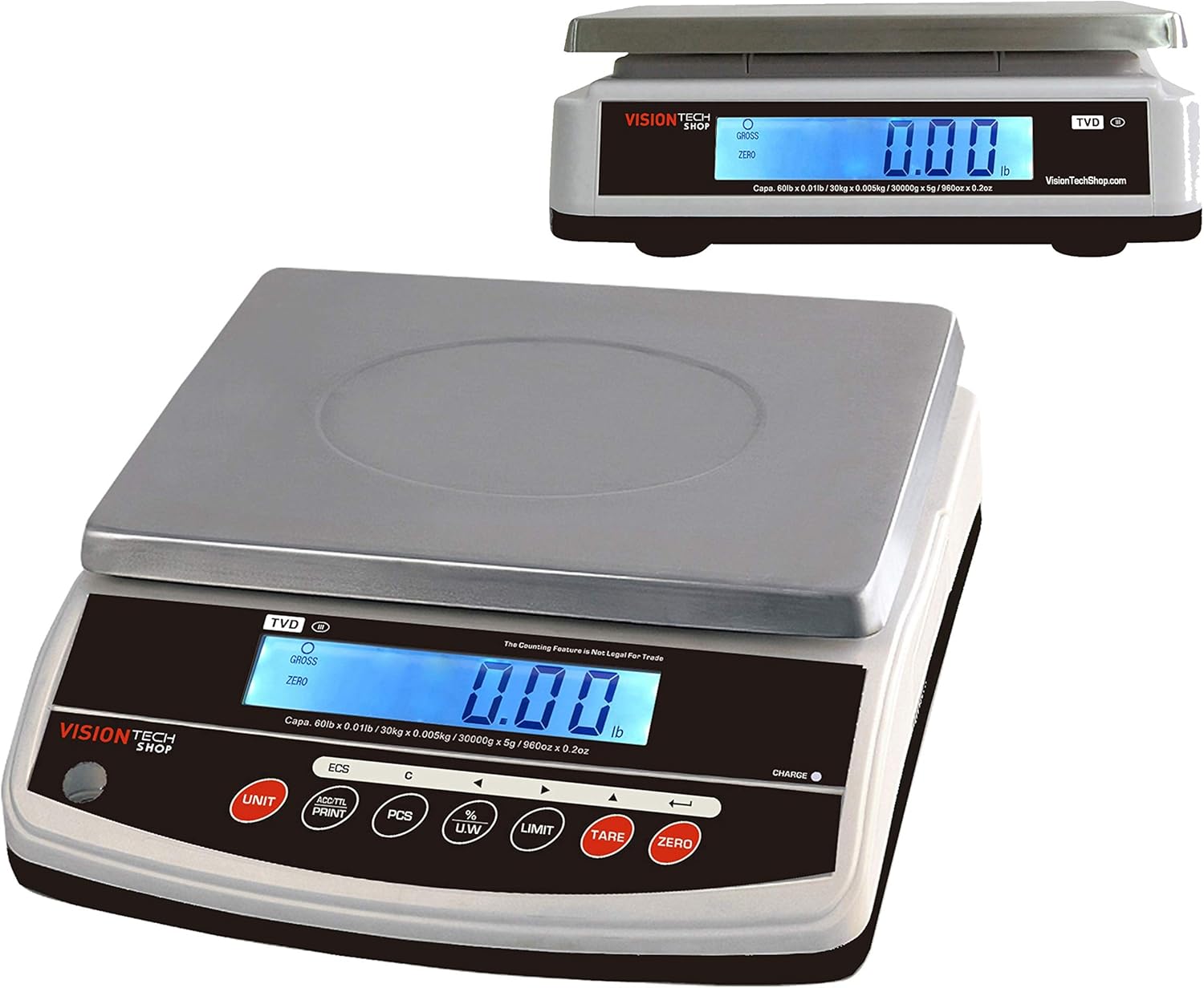 VisionTechShop TVD-60D Digital Bench and Counter Scale, Lb/Oz/Kg/g Switchable, 60lb Capacity, 0.01lb Readability, Counting and Percentage Mode, Dual Display, NTEP Legal for Trade, CC# : 20-032