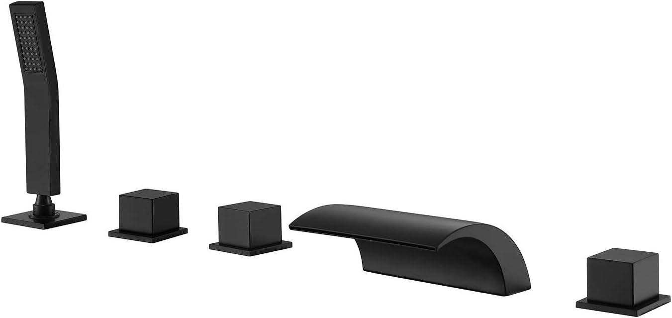 Hanallx Roman Tub Filler Waterfall Tub Faucet Black Deck Mount Bathtub Faucets Brass 5 Holes Bathroom Faucets with Handheld Shower