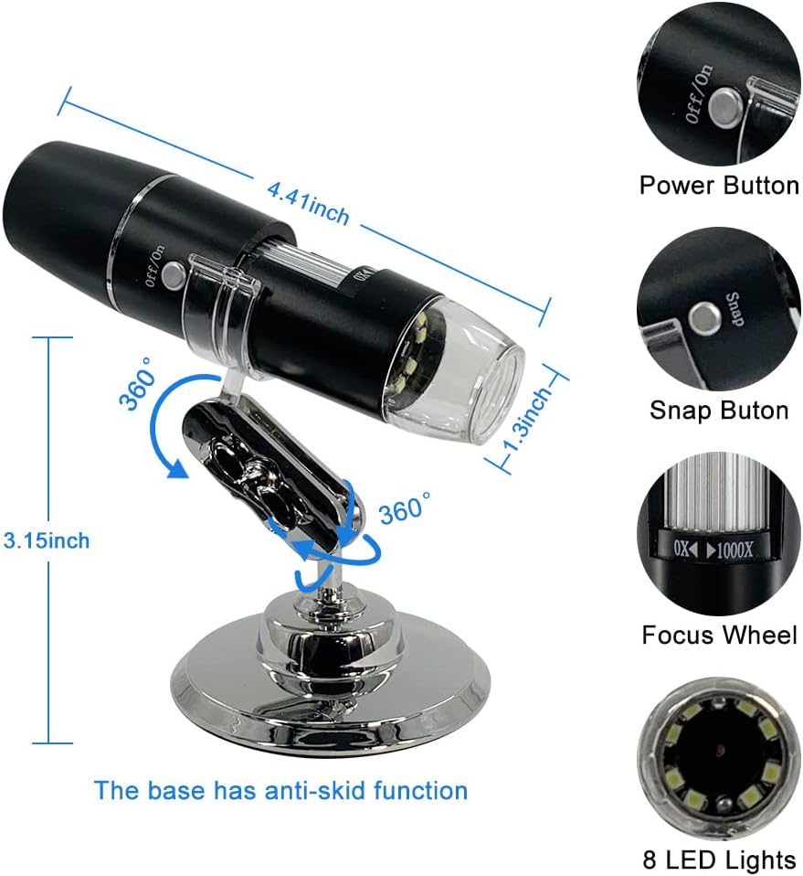 HAFGYKIO Handheld Digital Microscope HD Electronic Camera Adjustable Bracket is Suitable for Micro World Exploration (Wireless Connection 1X-1000X Magnification)