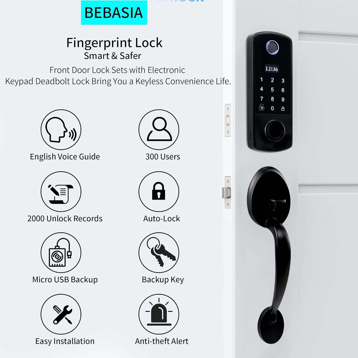 Front Door Lock Set, BEBASIA Keypad Deadbolt, Smart Door Lock, Keyless Entry Door Lock, Fingerprint Door Lock, Front Door Handle Sets, Door Lock with Handle(Black)