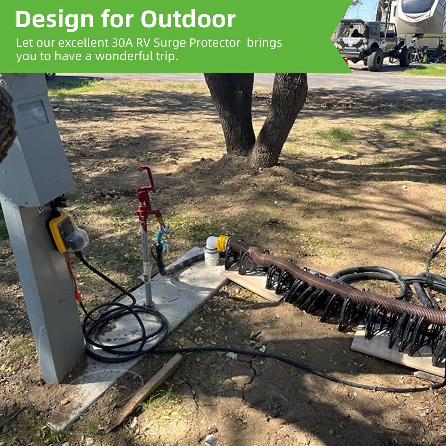 Heavy-Duty RV Surge Protector 30 Amp NEMA TT-30P/TT-30R 1.5FT, Water & Weather Resistant, Flame Retardant, RV Accessories for Travel Trailers with UL Tested, Circuit Analyzer for RV Trailer Camper