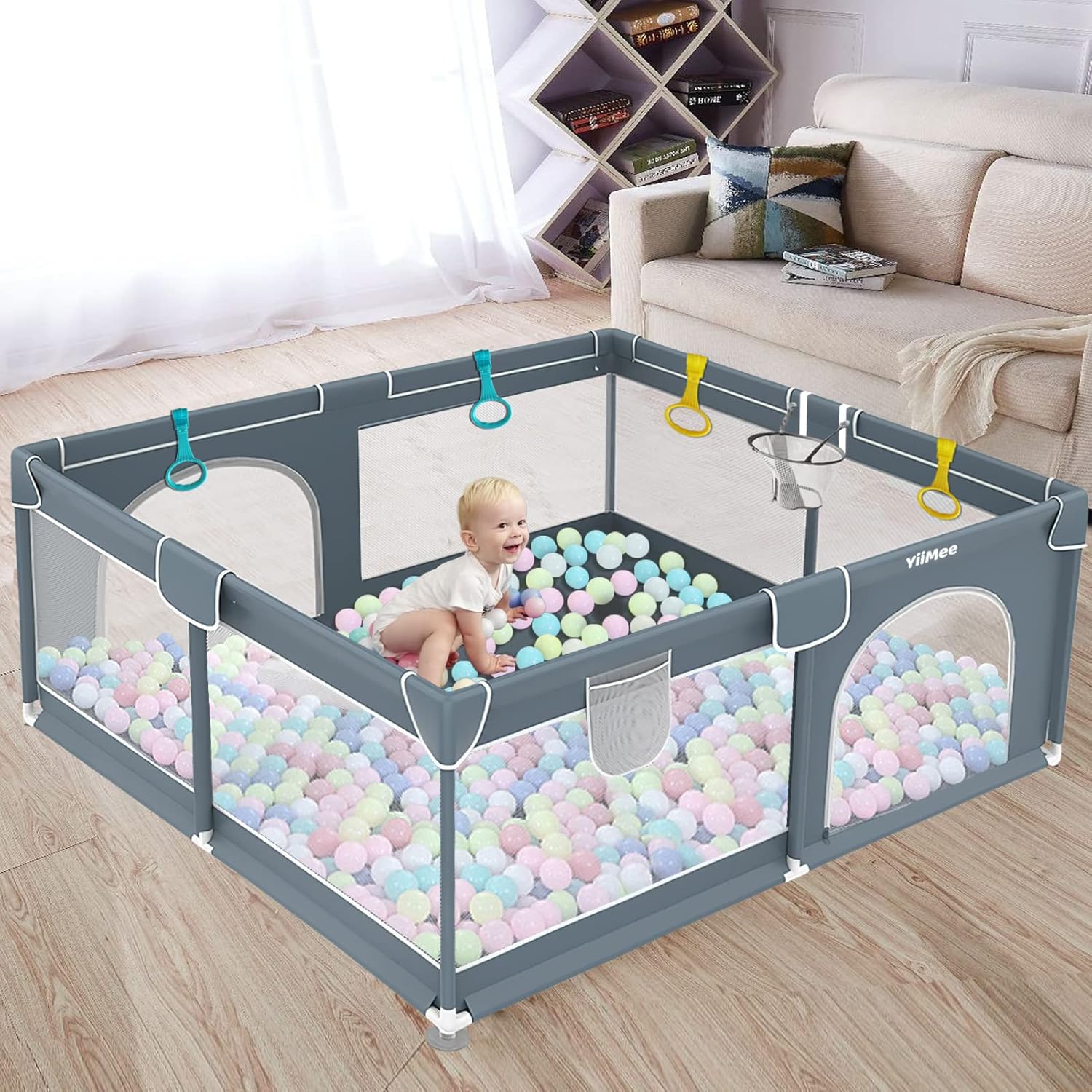 YiiMee Baby Playpen, Play Pens for Babies and Toddlers, Large Play Yard for Babies, Baby Play Area,Outdoor Kids Activity Center for Childs & Toddler, Anti-Fall Play Pen（Grey）