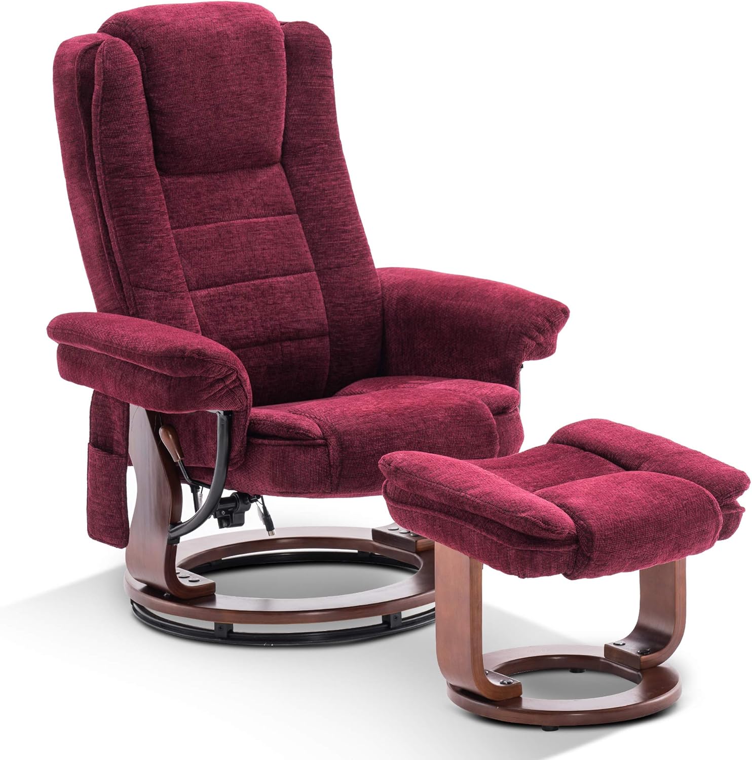 Mcombo Recliner Chair with Ottoman, Fabric Accent Chair with Vibration Massage, Swivel Chair with Wood Base, for Living Reading Room Bedroom, 9099 (Brown)